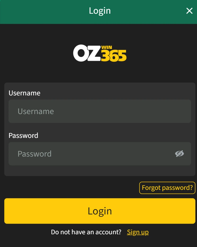ozwin365ph login screen — username and password fields with show-password toggle, forgot-password and sign-up links