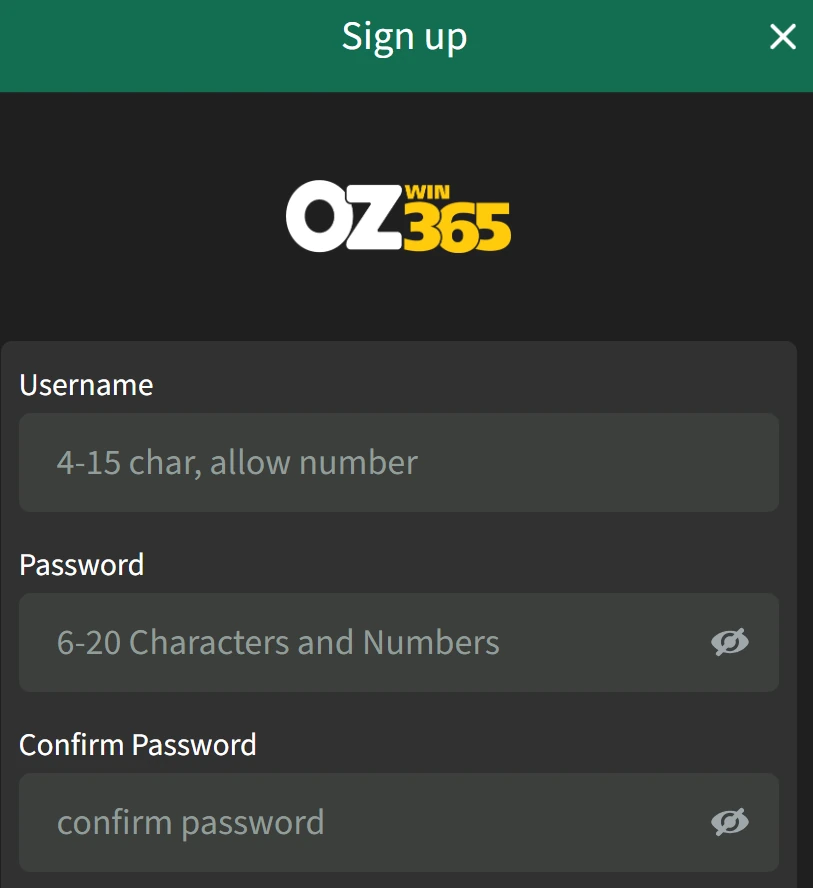 ozwin365ph sign-up screen — username (4-15 characters) and password (6-20 characters and numbers) with confirm field