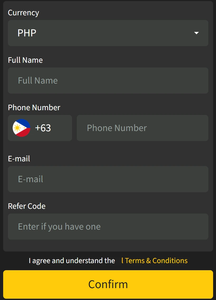 ozwin365ph sign-up screen — currency (PHP), full name, phone number (+63), e-mail and optional refer code